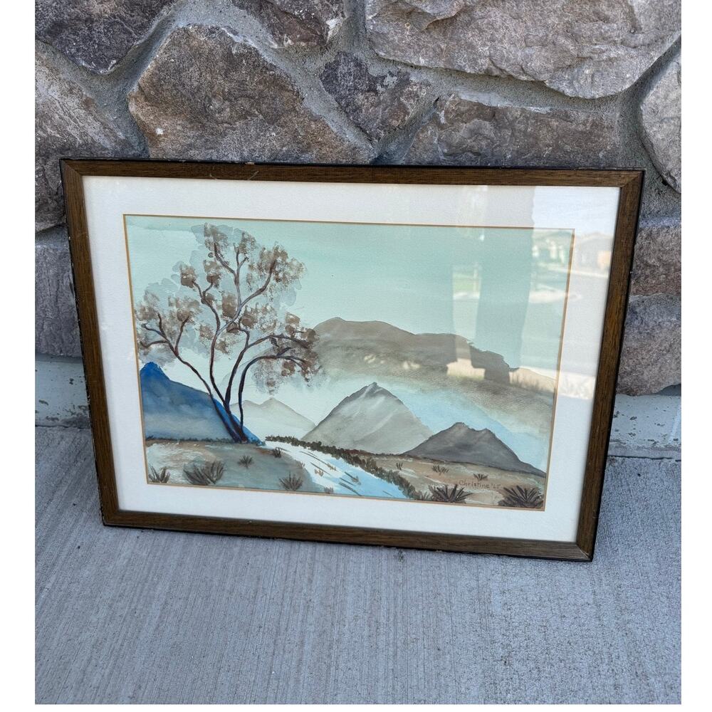 vintage watercolor western mountain landscape painting by Christine 1965